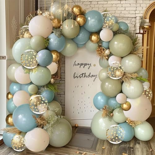 Dusty Green Blue Balloon Arch Kit - 139 PCs Sage Green Blue Sand White Gold Confetti Balloons for Bridal Shower Birthday Jungle Safari Wedding Baby Shower Party Decorations - Thumbnail 4