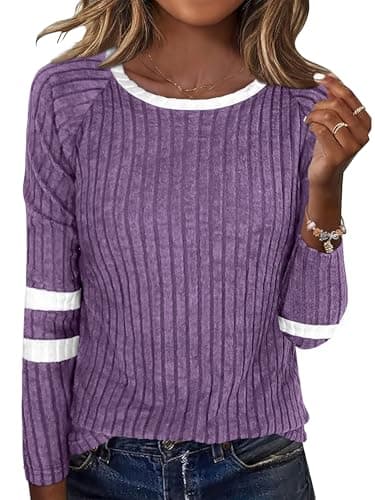 ANRABESS Women Long Sleeve Tops Color Block Casual Shirts Lightweight Sweaters Fall Fashion Outfits 2025 Teen Girls Clothes Purple+White XX-Large - Image 1