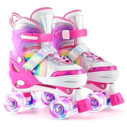SULIFEEL Rainbow Unicorn 4 Size Adjustable Light up Roller Skates for Girls Boys for Kids Beginners Rollerskates Pink Large - Image 1