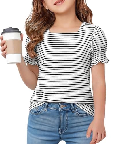 FREELYVE Girls Summer Tops Striped Square Neck T-Shirt Puff Short Sleeve Soft Knit Casual Tees,White,12-13Y - Image 1