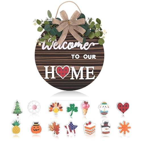 Interchangeable Welcome Sign – Welcome Signs for Front Door, Rustic Fir Wood with Hanging Cord & Metal Hook, Includes 14 Magnetic Changeable Icons – For Holiday, Year-Round Porch & Indoor Decoration - Image 1