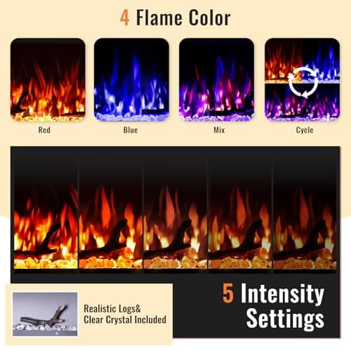 TUAN Electric Fireplace Inserts, Ultra Thin Wall Mounted Fireplace with Remote Control, Multicolor Realistic Flame, Touch Screen, Thermostat, Timer, 750w/1500w (Log & Crystal Included) (60 inch) - Thumbnail 2