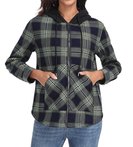 Lepunuo Women's Plaid Jacket Long Sleeve Fleece Full-Zip Hoodie Fall Fashion Warm Jackets Green Blue - Image 1