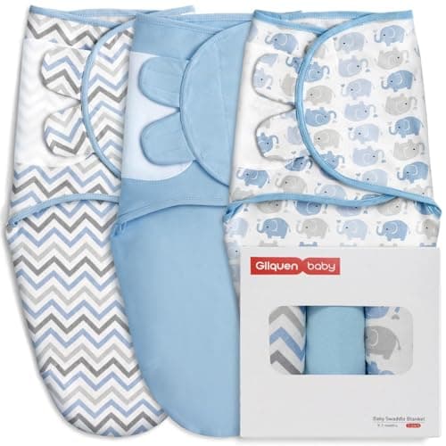 GLLQUEN BABY Swaddle Sleep Sack - 3 Pack Infant Swaddles for Newborn, Baby Swaddling Sack 0-3 Months, Ergonomic Newborn Swaddle Blanket for Baby Boy and Girl, Blue & Elephants - Image 1