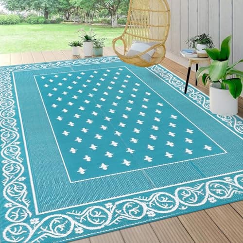 Pauwer Waterproof Outdoor Rug 8x10, Reversible Plastic Straw Patio Camping Rug, Indoor Outdoor RV Mat Carpet for Deck, Camper, Porch, Balcony, Backyard, Picnic, Bordered Teal - Image 1