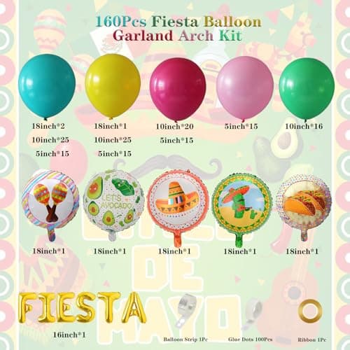Cinco de Mayo Fiesta Balloon Garland Arch Kit, 160Pcs Rainbow Rose Red Pink Blue Yellow Green Blue Balloons for Mexican Fiesta Party Decorations - Thumbnail 2
