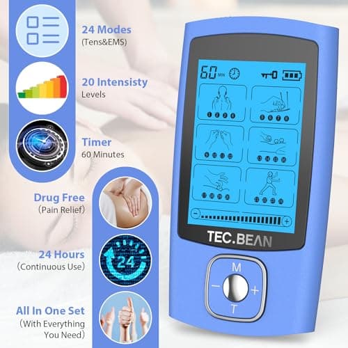TEC.BEAN 24 Modes Tens Unit Muscle Stimulator, Rechargeable Tens Machine with 8 Electrode Pads (American Gel), Electric Pulse Massager for Pain Relief Therapy（Blue） - Thumbnail 3