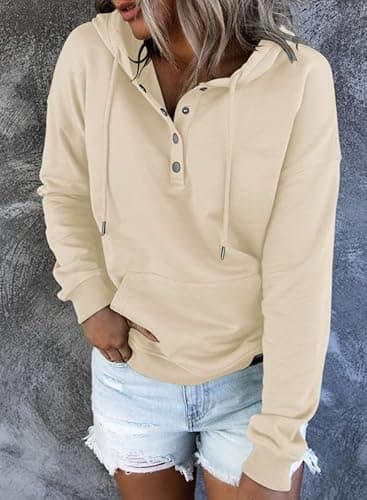 Dokotoo Womens Sweatshirts and Hoodies Front Button Collar Comfy Simple Plain Long Sleeve Drawstring Hoodies for Women with Pockets Hooded Pullover Casual Fashion Winter Autumn Shirt Tops Apricot M - Thumbnail 3