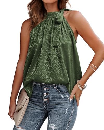 BTFBM Women Sleeveless Tie Mock Neck Spring Summer Tops Loose Casual Side Bow Satin Halter Tank Top Blouses(Army Green, X-Large) - Image 1