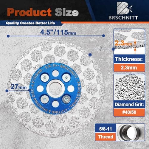 BRSCHNITT Diamond Granite Cutting Wheel - 2pcs 4 1/2 Inch 115mm Tile Grinding Disc for Shaping Grinding Beveling Rounding Granite,Porcelain,Tile,Stone,Marble,Quartz with 5/8-11 Thread - Thumbnail 4