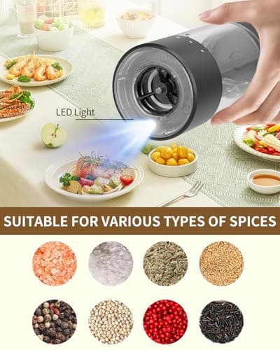 CIRCLE JOY Electric Salt and Pepper Grinder Set Rechargeable Salt and Pepper Mills with 6-Level External Adjustable Coarseness, White LED Light and Storage Base, Black & White - Thumbnail 5