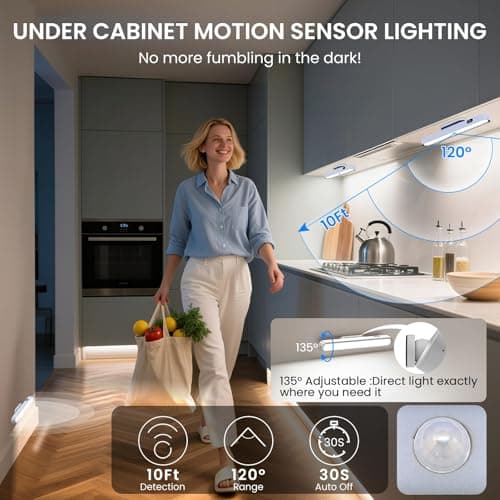 Motion Sensor Light Indoor with Battery Display,3000mAh Rechargeable Under Cabinet Lighting Magnetic Light Bar 300LM Battery Operated Closet Light Makeup Lights Stick On (White-A, Touch Control) - Thumbnail 3