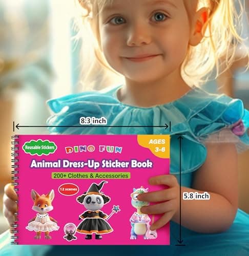 Dino Fun Animal Dress-up Sticker Book for Kids, Reusable Sticker Book for Toddlers 2-4 Years,12 Animals+Over 200 Cloths & Accessories,Sticker Dress up - Removable Sticker Activity Book for Girls - Thumbnail 5