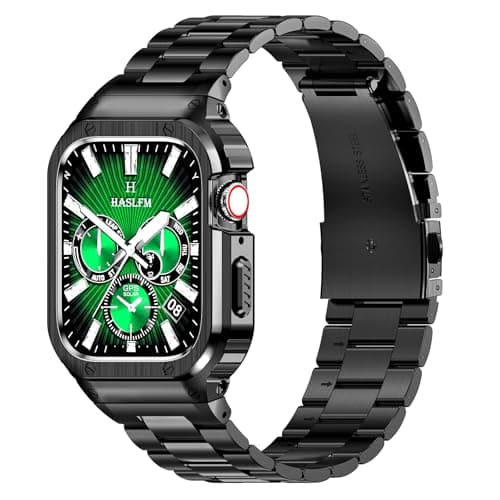 HASLFM Stainless Steel Band with Case Compatible with Apple Watch Series 6 5 4 SE3/2/1(44mm),Series 3 2 1 (42mm), Metal Protective Bumper Cover for iWatch Bands Men,Black