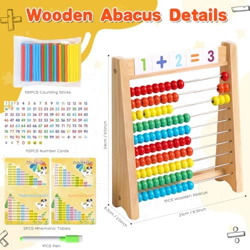 Wooden Abacus for Kids Math Games for Kids 5-7 Abacus Counters Homeschool Counting Toys for 3-5 6-8 Boys Girls Gifts Math Manipulatives Educational Learning Toys for 4 Year Old with Number Cards 1-100 - Thumbnail 2