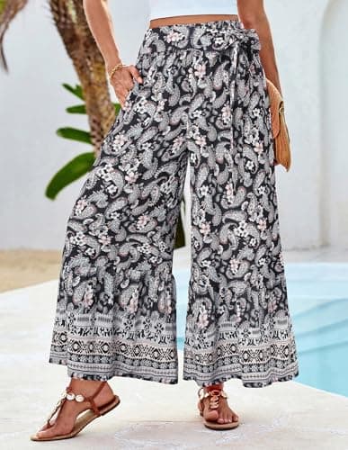 GRACE KARIN Palazzo Pants for Women Casual Flowy Summer Capris Beach Boho Pants 2025 Spring Black Floral - Thumbnail 2
