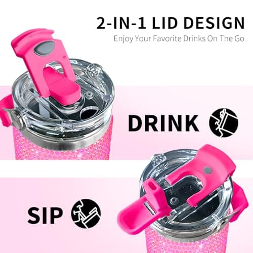 Bling Rhinestone Studded Tumbler with Top Handle, Bling Cups Stainless Steel Water Bottle Diamond Glitter Tumbler for Women - Birthday Gifts for Women, Mom,Get Well Soon Gifts (Fuschia) - Thumbnail 3