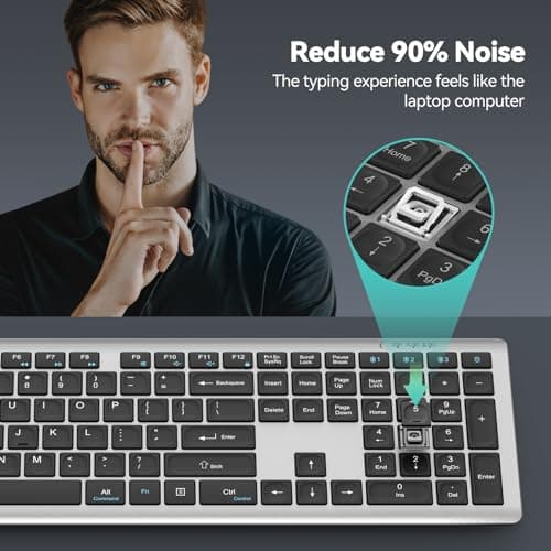 TECKNET Bluetooth Keyboard Rechargeable, 4-Device Free Switching (2.4G+BT), Ultra-Slim Full Size Wireless Keyboard, Quiet Typing, for PC/Laptop/Smart TV/Phone, Adjustable Stand, 12 Multimedia Keys - Thumbnail 4