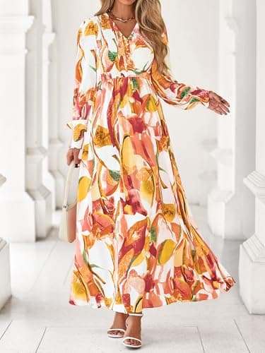 BTFBM Women Fall Wedding Guest Maxi Dresses 2025 Floral V Neck Long Sleeve Boho Long Dress Vacation(Pink Watercolour,Medium) - Thumbnail 2