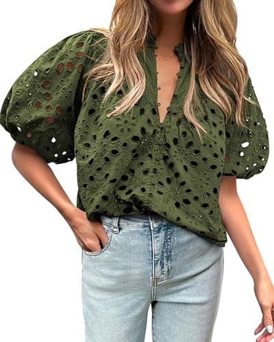 BTFBM Womens Casual Summer Blouse 2025 Hollow Out Eyelet Embroidery Tops V Neck Buttons Puff Short Sleeve Boho Shirts(Army Green, Medium) - Image 1