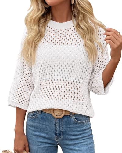 KIRUNDO Crochet Tops for Women Summer Batwing Sleeve Beach Sweater Lightweight Knit Cover Up Shirts Cruise Vacation Outfits(White, XX-Large) - Image 1