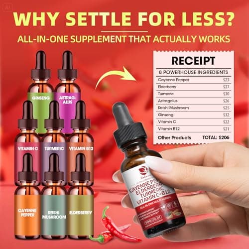 Cayenne Pepper Drops, 8-in-1 Complex - Elderberry, Turmeric Curcumin, Astragalus, Ginseng, Vitamin C & B12, Organic Liquid Supplement, Fast Absorbing Berry Flavor, 2 FL OZ – Daily Wellness Support - Thumbnail 6