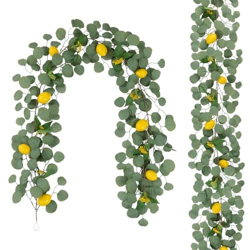 U'Artlines 2Pcs Total 12.6 Ft Artificial Lemon Garland Spring Summer Faux Fruit Vine Garlands with Greenery Eucalyptus Leaves for Door Wall Mantle Wedding Party Table Decorations - Image 1