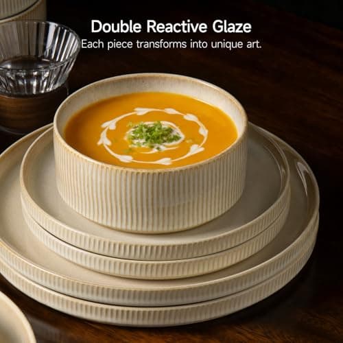 ALOFMO Stoneware Dinnerware Sets, Plates and Bowls Sets for 4, 12-Piece Ribbed Dishes – Chip & Scratch Resistant, Microwave and Dishwasher Safe Tableware, Beige - Thumbnail 5