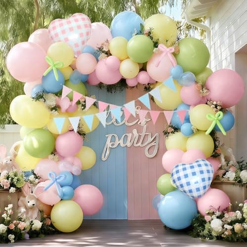 Pastel Balloon Arch Kit Double Stuffed Light Pink Blue Yellow Green Balloon Garland Gingham Heart Foil Balloons Striped Pennant Banner for Easter Baby Shower Birthday Gender Reveal Party Decorations - Image 1