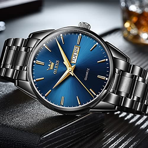 OLEVS Watch Men Black Stainless Steel Waterproof Blue Mens Watches Large Face Dress Casual Day and Date Watches for Men Luxury Wrist Watch for Man Classic Analog Quartz Reloj para Hombre - Thumbnail 4