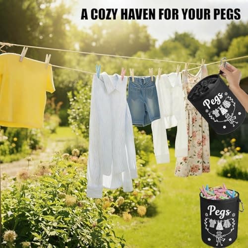 Clothes Pin Hanging Bag Outside with Hooks, Closing Cord and Shoulder Strap, Waterproof Clothespin Bag Holder Multiple Hanging Methods for Clothesline Laundry Peg Clip Organizer Outdoor Storage Use - Thumbnail 6