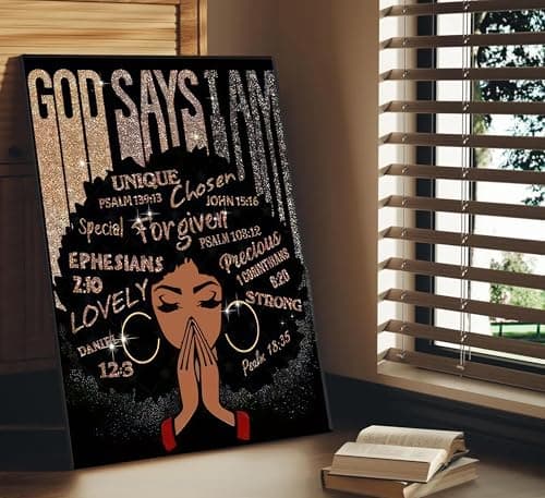 God Says I Am Canvas Wall Art Christian Black Woman Bible 3D Texture Painting Wall Decor Poster Prints Artwork for Bedroom Girl Room Office Apartment Home Decoration - Thumbnail 4