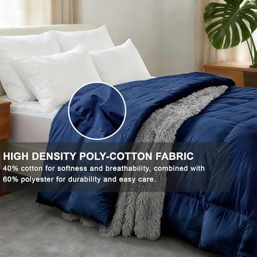 ALPSWAN Luxury Goose Feather Down Fiber Comforter Queen Size, 300TC Blue Cotton Blended Duvet Insert, All Season Hotel Bedding Alternative Down Comforter with Corner Tabs (Blue, Queen) - Thumbnail 4