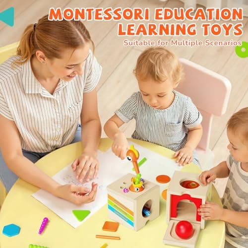 5-in-1 Wooden Activity Cube, Toddlers Montessori Toys for Baby Boys Girls, Baby Activity Center for 2+ Year Old, Woodpecker Worm Toy Magnetic Bird Feeding Game, Educational Color & Shape Sorting Toy - Thumbnail 2