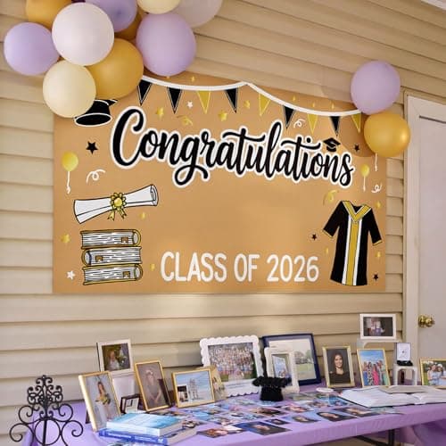 2026 Graduation Decorations - Graduation Banner DIY - Class of 2026 Congratulations Congrats Banner, 61 x 32 Inch Black and Gold Photo Backdrop for Kindergarten High School College Party Wall Decor - Image 1