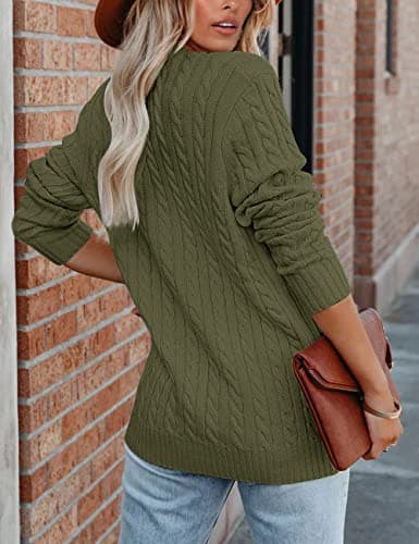 MEROKEETY Cardigan Sweater for Women 2026 Fall Winter Spring Cable Knit Button Up Open Front Long Sleeve Coat,ArmyGreen,XXL - Thumbnail 3