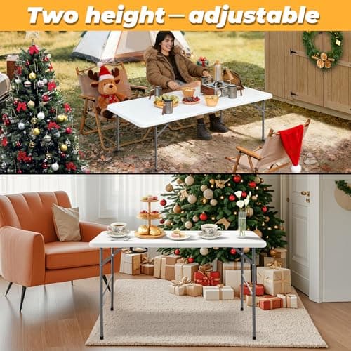 Outspurge 4ft Portable Folding Table, Indoor Outdoor Plastic Dining Table w/Handle, Fold-in-Half Utility Foldable Table for Camping, Picnic and Party, White - Thumbnail 3