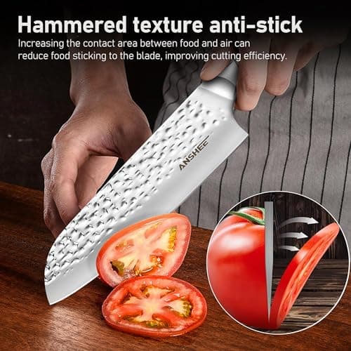 anshee 7 Inch Japanese Santoku Knife with Sheath Gift Box-Hammered Finish High-Carbon Stainless Steel Precision Chef Knife Wood Handle,Multipurpose Kitchen Knife for Slicing Meat,Vegetables,Fruits - Thumbnail 6