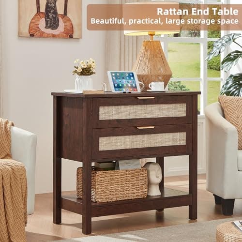 LEYAOYAO 31.5" Wide Rattan Night Stand with Charger Station, Oversized Large Walnut Nightstand with 2 Drawer, Boho Bed Side End Tables with Storage, Tall Bedside Table for Bedroom Living Room, Hallway - Thumbnail 3