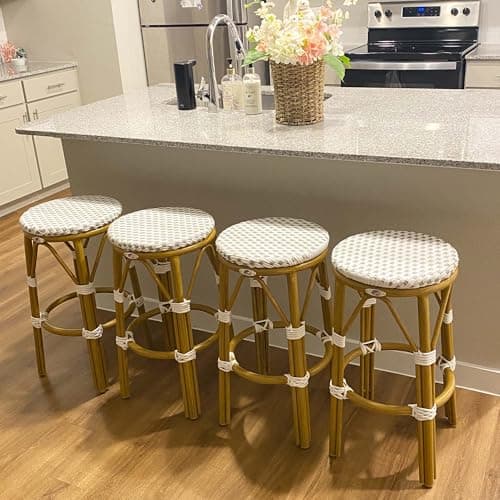 PURPLE LEAF Patio Round Counter Height Stool Set of 2 Outdoor Backless Barstools Aluminum Frame in Bamboo Finish with White & Gray Woven Rattan for Indoor Kitchen Dining Bistros Cafe Restaurant - Image 1
