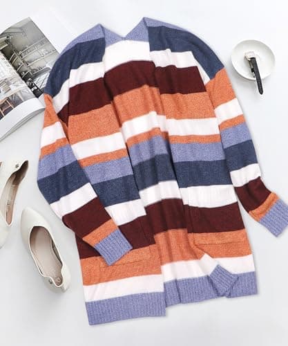 ECOWISH Women Cardigan Sweaters Long Floral Striped Winter Long Sleeve Kimono Open Front Cozy Knitted Daisy Fuzzy Outwear Pocket - Thumbnail 6