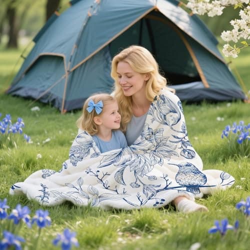 yuboo Spring Blue White Floral Throw Blanket, Chinoiserie French Country Soft Blanket for Women Girls, Soft Flannel Hummingbird Blanket for Coastal Victorian Decor, 50 x 60 Inch - Thumbnail 2