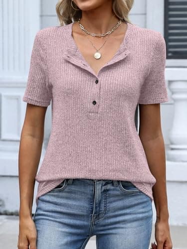 ANRABESS Womens Tops Short Sleeve Henley Shirts Dressy Casual Blouse Summer Cute Tshirt 2026 Spring Lightweight Tunic Sweater Pink Medium - Thumbnail 2