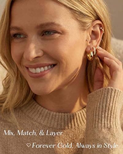 9 Pairs Gold Hoop Earrings Sets for Women, 14K Gold Plated Small Hoop Earring Sets for Multiple Piercing, Cute Small Tiny Lightweight Earrings for Sensitive Ears Everyday - Thumbnail 4