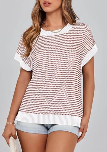 PRETTYGARDEN Womens Short Sleeve Sweater Spring Summer 2026 Round Neck Striped Pullover Cap Sleeve Knit Sweater Vest Tops(Striped White Red,Medium) - Thumbnail 5