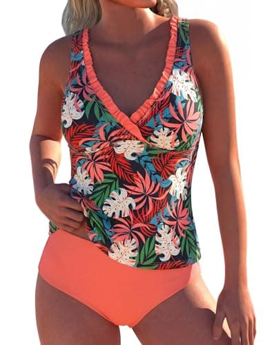 ZAFUL Swimsuit for Women 2026 Tummy Control Bathing Suits Over 50 Two Piece Swim Top with High Waisted Swimwear Coral L - Image 1
