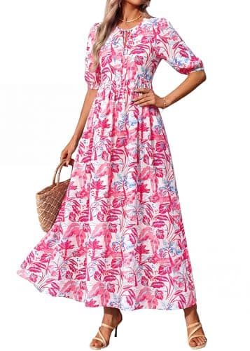 KIRUNDO Spring Dresses for Women 2026 Summer Wedding Guest Boho Floral 3/4 Sleeve Beach Vacation Cruise Flowy Maxi Dress(Red, Small) - Thumbnail 5