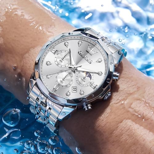 OLEVS Silver Watches for Men Stainless Steel Luxury Mens Silver Watch with Date Large Face Chronograph Dress Waterproof Nice Moon Phase Relojes para Hombres - Thumbnail 4