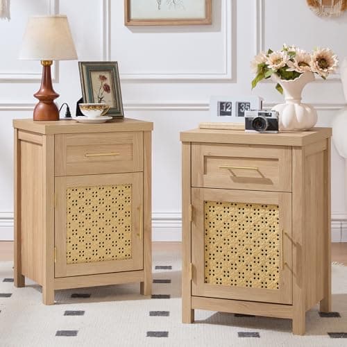 YUFAM Small Nightstand Set of 2 - Boho Rattan Night Stand with Type-C Charging Station for Bedroom, Nightstands w/Drawer for Small Space, Wood Bedside Table w/Adjustable Storage Shelf, Natural Oak - Image 1