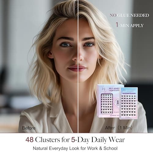 JoMay Self Adhesive Eyelashes, Press on Lashes No Glue Needed, Glueless Lashes Pre-Glued Natural Cluster Extension Kit D Curl For Beginners, No Sticky Residue 1 Step DIY 48PCS 10-16mm X01 - Thumbnail 2